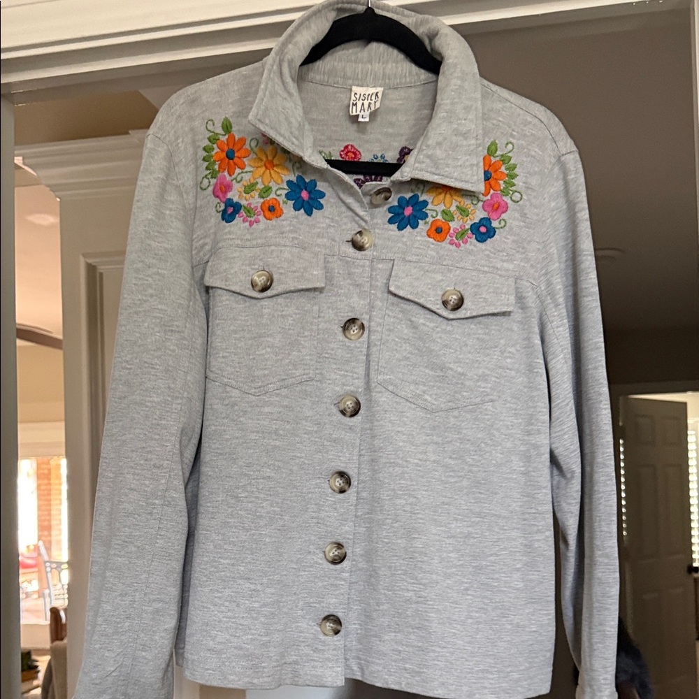 Sigrid Olsen Light Gray Embroidered Floral Jean Jacket